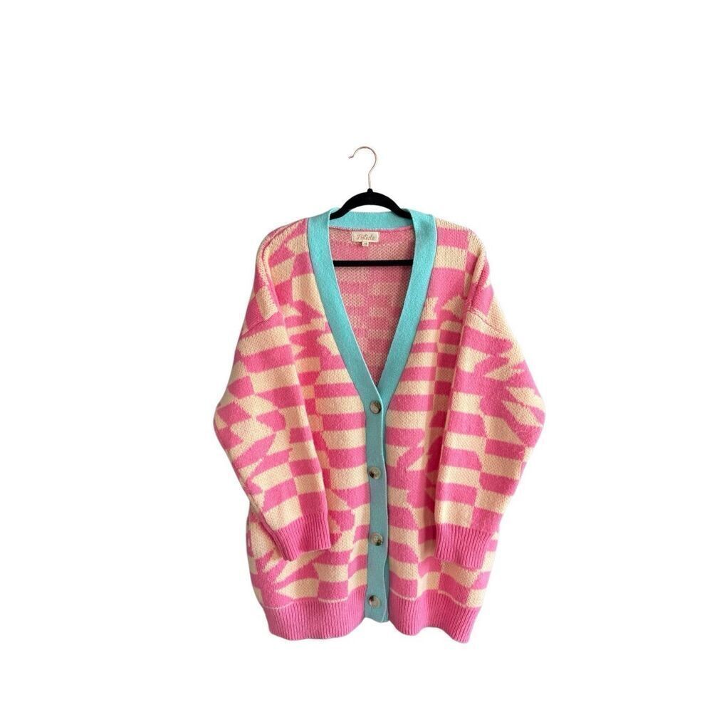 Listicle Womens Pink Blue Geometric Retro Button Front Oversized Cardigan Medium